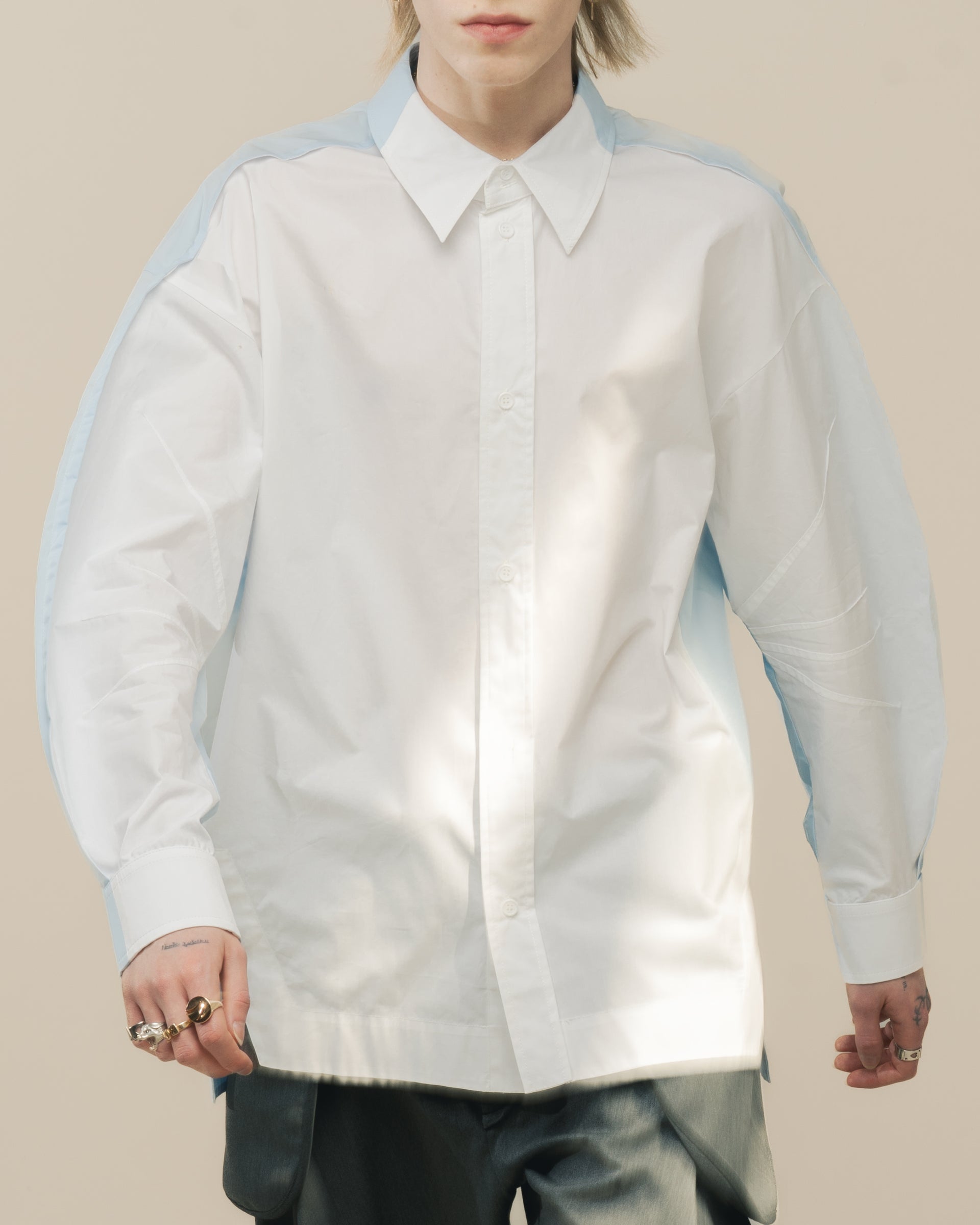 "Heads and Tails" White and Light Blue Shirt