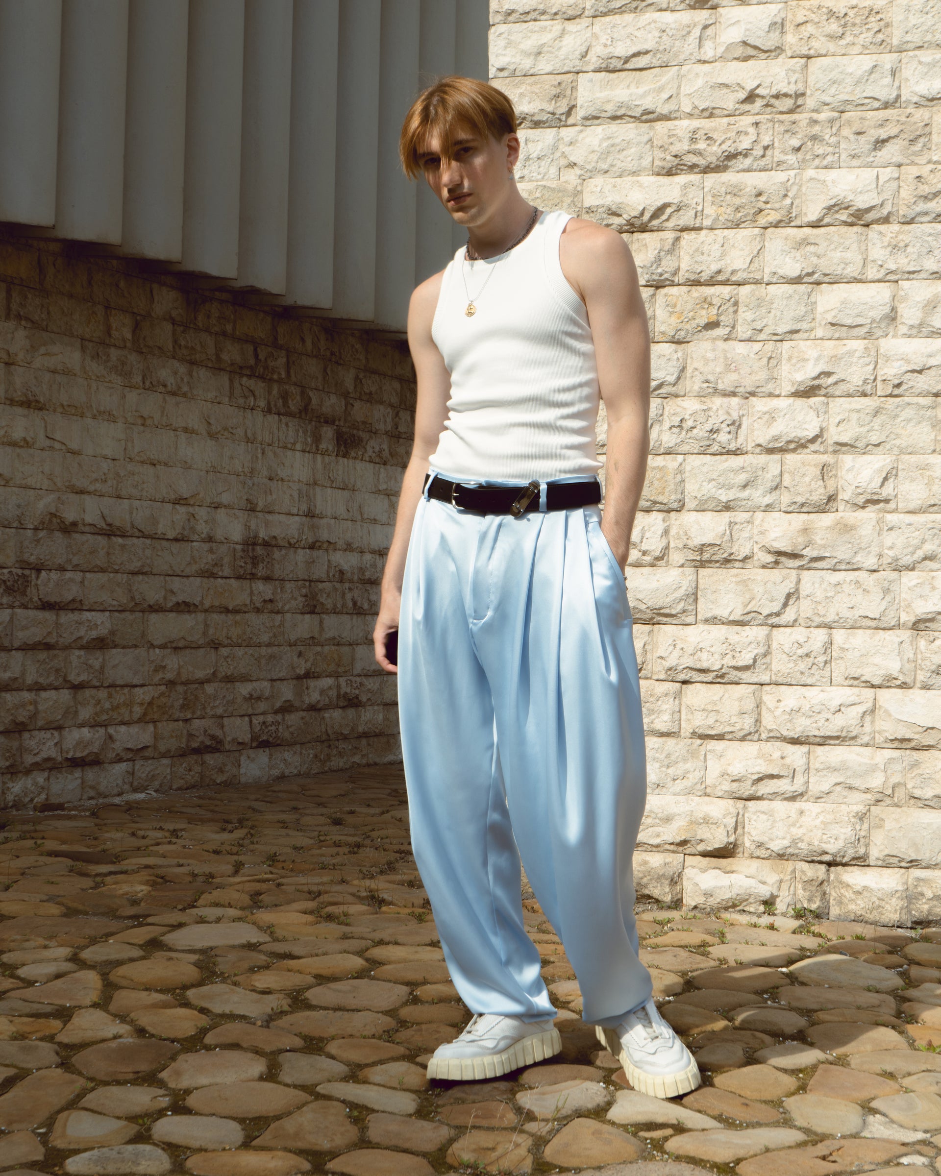 light blue satin trousers