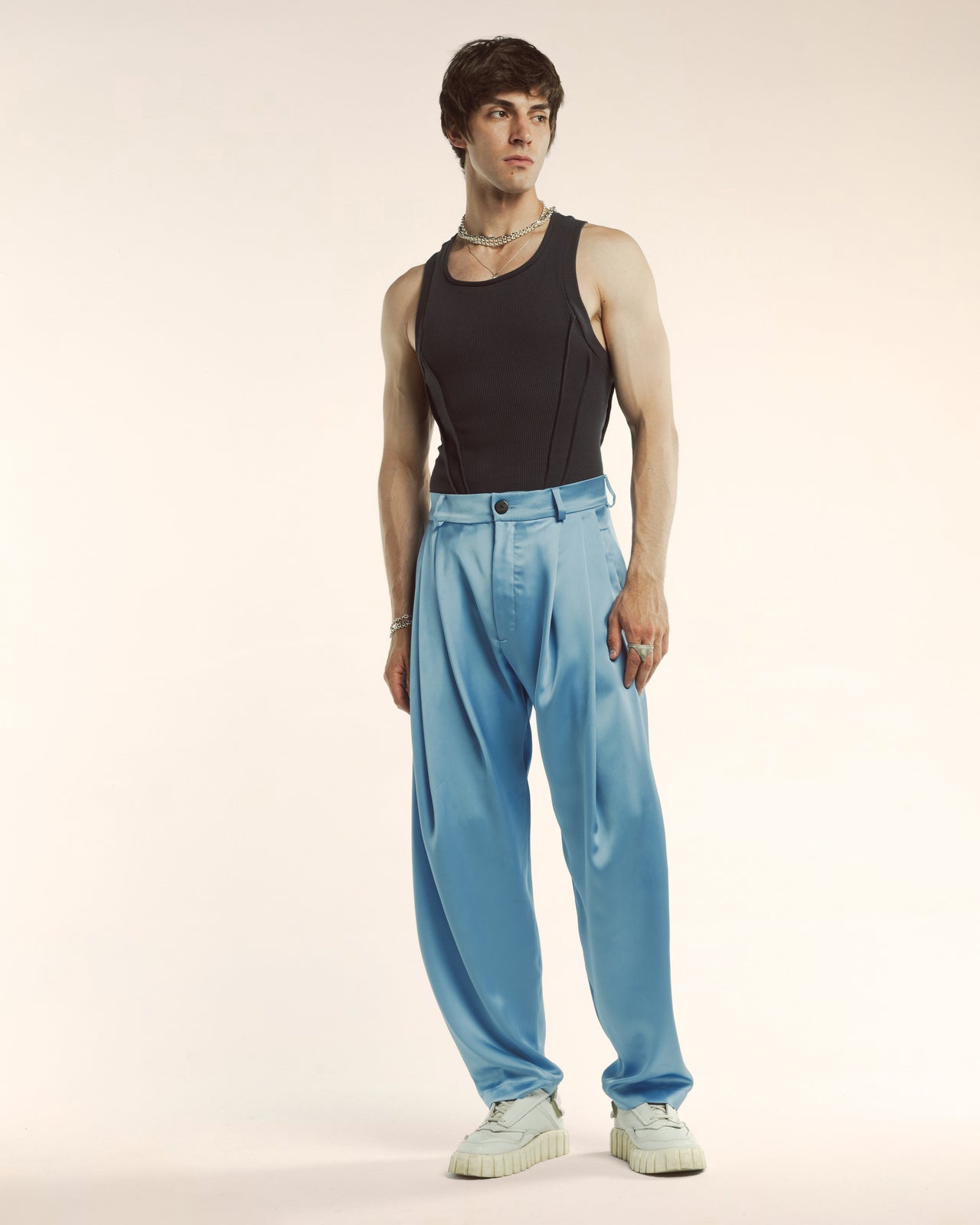 sky blue satin trousers