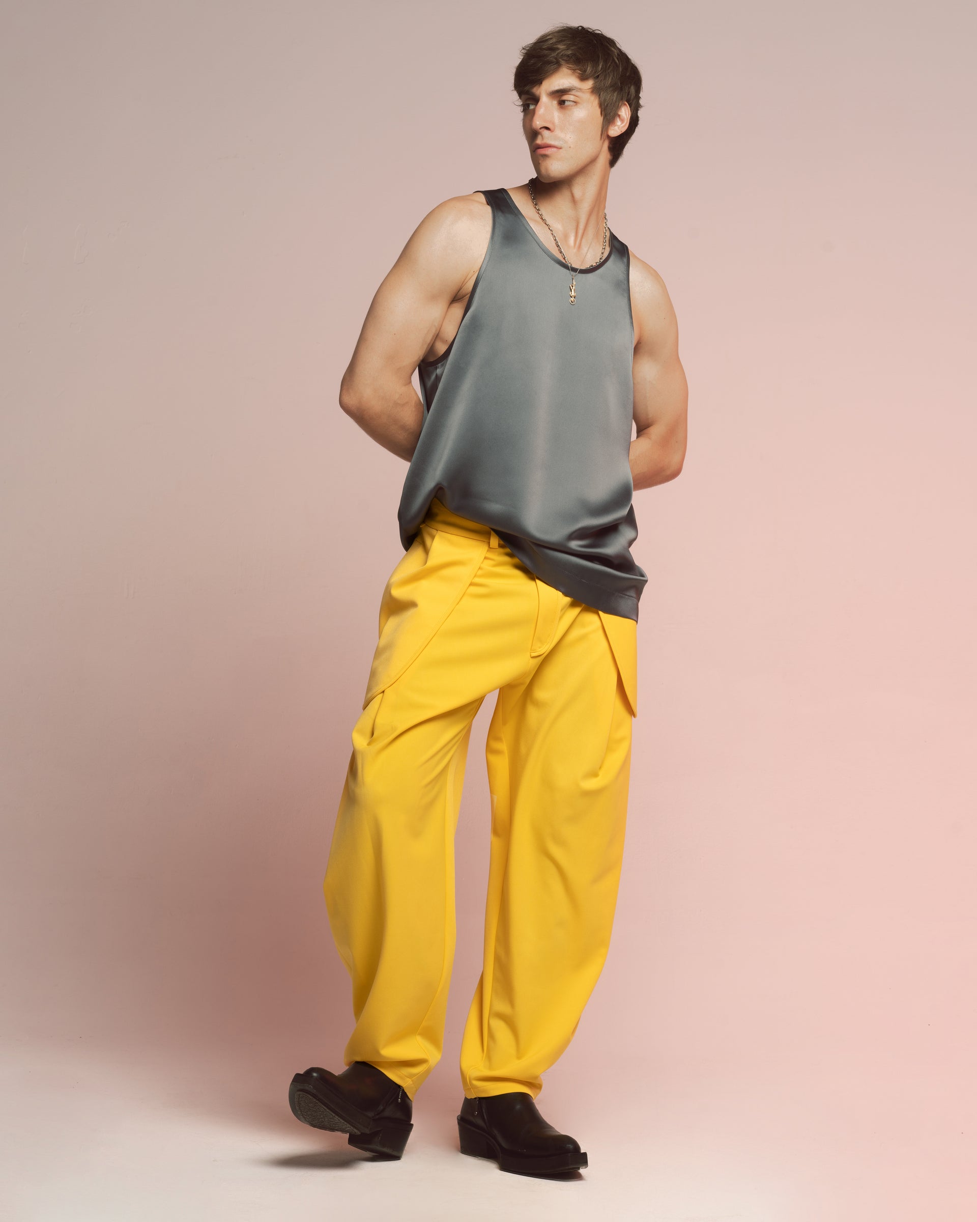 yellow trousers with patch pockets