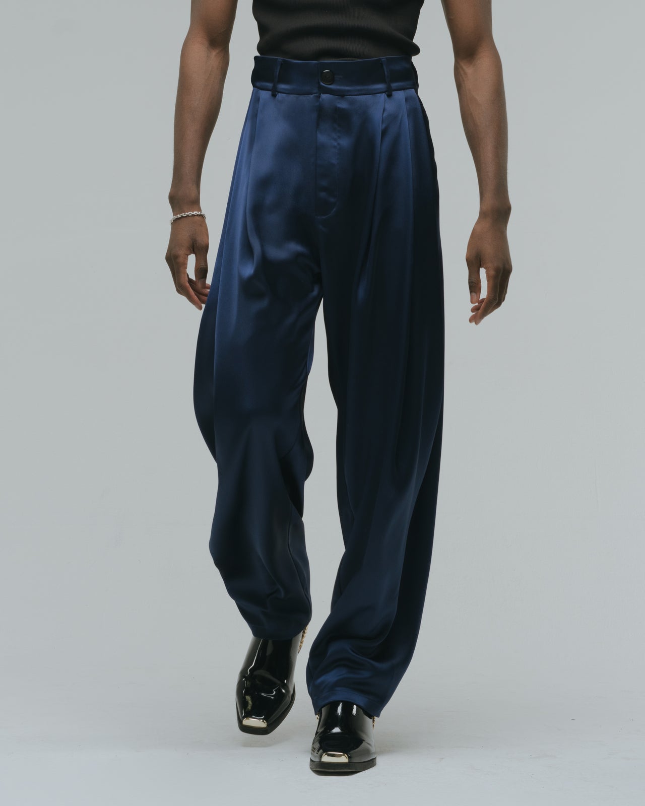 blue satin trousers