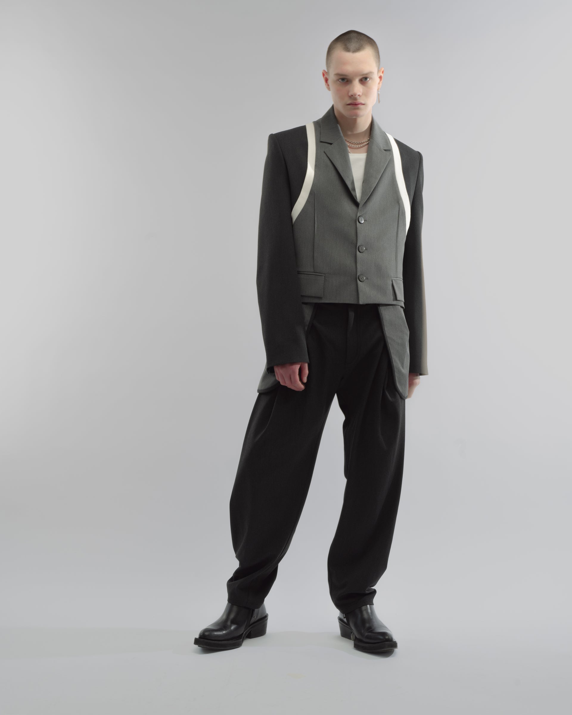 grey trousers with patch pockets