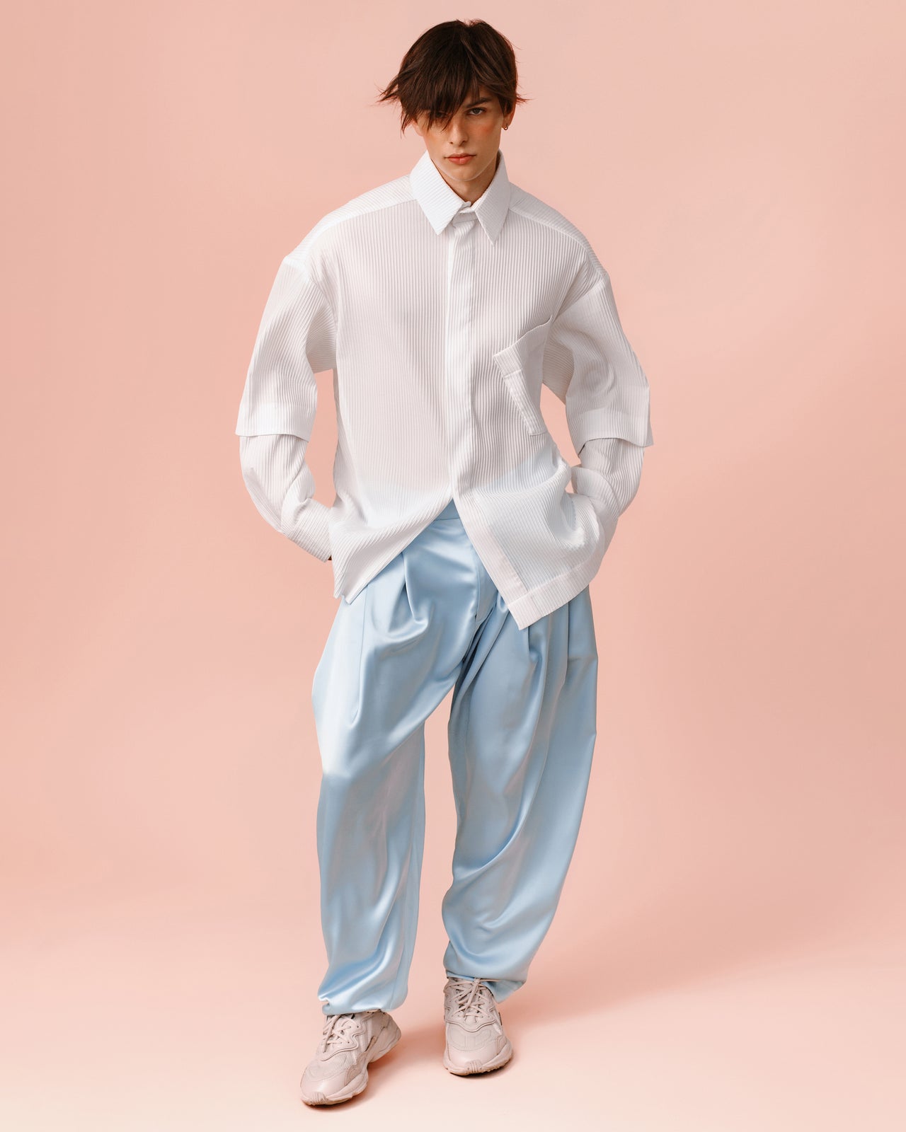 light blue satin trousers